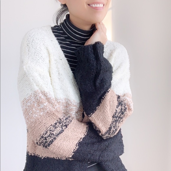 LONG KNIT COLOR BLOCK CARDIGAN - WHITE LIGHT GRAY - Picture 2 of 6